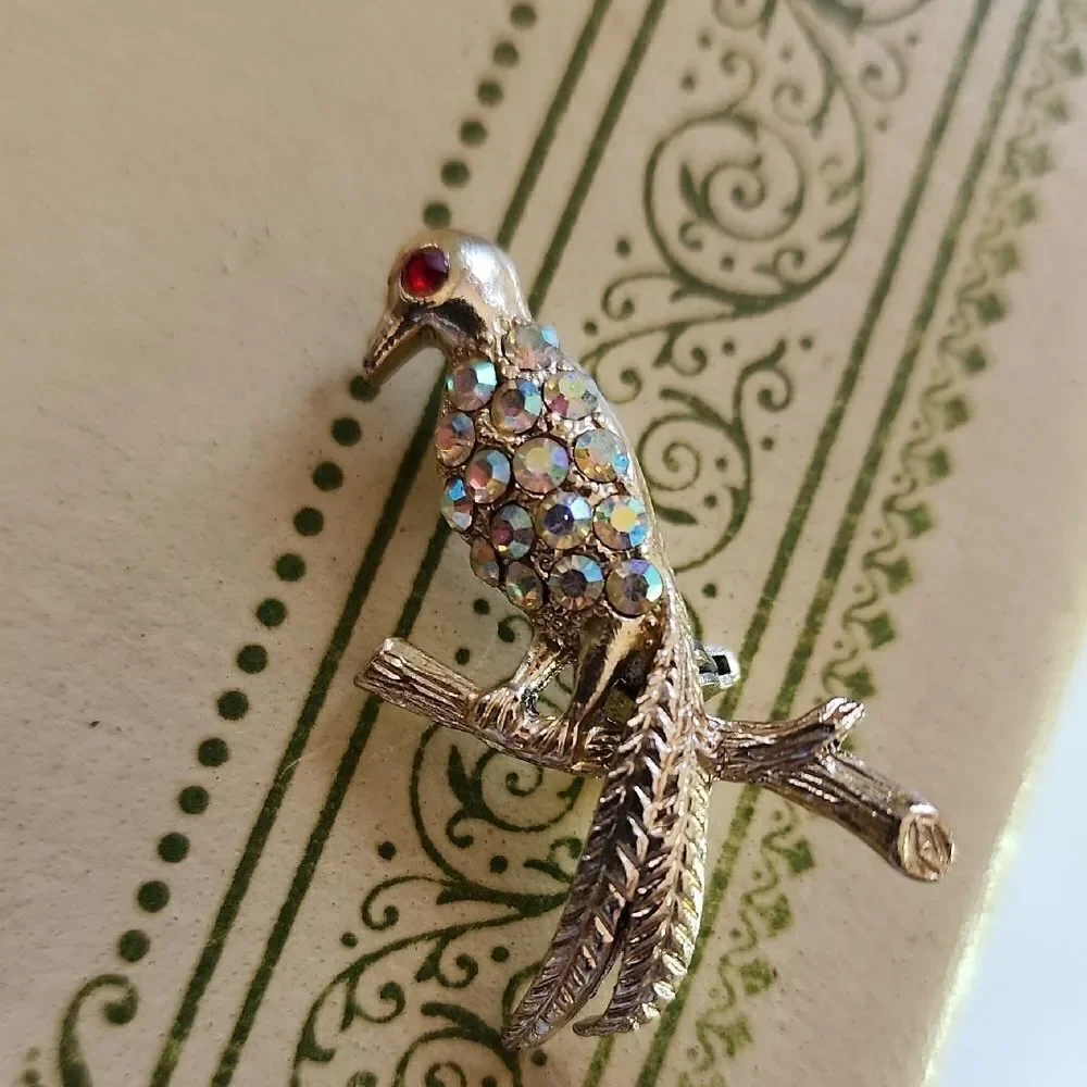 Vintage Aurora Borealis Rhinestone Embellished Bird Brooch